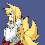  animal_ears bad_id bad_pixiv_id blonde_hair blue_eyes blush copyright_request crossed_arms fox_ears japanese_clothes jingai_modoki kimono kyuubi long_hair miko multiple_tails profile simple_background solo sweatdrop tail 