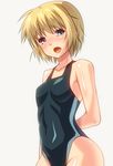  bad_id bad_pixiv_id blonde_hair blue_eyes competition_swimsuit copyright_request latex okina_ika one-piece_swimsuit open_mouth short_hair simple_background solo swimsuit 