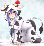  all_fours animal_costume animal_print breasts cleavage cow_costume cow_print horns kamishirasawa_keine large_breasts long_hair netachou red_eyes ribbon solo touhou 