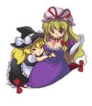  =_= aoi_tobira blonde_hair breasts cleavage elbow_gloves gap gloves hat kirisame_marisa large_breasts long_hair multiple_girls ribbon surprised tackle touhou white_gloves yakumo_yukari 