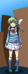  alternate_costume bag contemporary frog gohei green_hair hair_ornament highres kneehighs kochiya_sanae long_hair rex_k ribbon school_bag school_uniform shoes skirt socks solo standing touhou yellow_eyes 