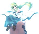  araissu detached_sleeves frog green_eyes green_hair hair_ornament japanese_clothes kochiya_sanae long_hair shoes snake sneakers solo touhou 