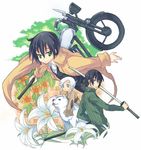  2girls androgynous black_hair coat dog flower green_eyes ground_vehicle gun hermes katana kino kino_no_tabi motor_vehicle motorcycle multiple_girls regu reverse_trap riku_(kino_no_tabi) shizu short_hair sword tea_(kino_no_tabi) weapon white_hair 