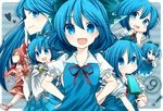  &gt;:) 1girl :d achi_cirno alternate_color alternate_element alternate_hair_color alternate_hair_length alternate_hairstyle amaya_enaka bad_id bad_pixiv_id blue_dress blue_eyes blue_hair chibi cirno cosplay detached_sleeves dress fang fiery_wings finger_to_mouth food hakurei_reimu hakurei_reimu_(cosplay) hands_on_hips heart long_hair multiple_persona neck_ribbon o3o ofuda open_mouth pointing popsicle ribbon skirt smile tears touhou v-shaped_eyebrows wavy_mouth white_sleeves wings 