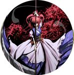  canary4 circle dress flower ghost hair_bobbles hair_ornament onozuka_komachi red_eyes red_hair scythe solo spider_lily touhou 