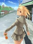 ahoge blazer blonde_hair brown_eyes can cloud crack day drain_(object) dress drink from_behind grass hako_(daibanchou) highres jacket looking_at_viewer looking_back mirror original parted_lips pleated_skirt power_lines road shop short_hair skirt sky solo street telephone_pole transformer vanishing_point vending_machine 