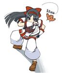  bad_id bad_pixiv_id bird black_eyes black_hair bow fighting_stance gloves hair_ribbon highres jingai_modoki katana long_hair nakoruru red_bow reverse_grip ribbon samurai_spirits solo sword weapon 