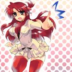  breasts fang genderswap genderswap_(mtf) konoji large_breasts necktie pleated_skirt pointing red_hair skirt solo source_request thighhighs umineko_no_naku_koro_ni ushiromiya_battler zettai_ryouiki 