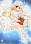  angel bad_id bad_pixiv_id blonde_hair blue_eyes blush cross dress gift gloves hairband holding holding_gift jewelry long_hair necklace original solo traditional_media white_gloves wings yukiou 