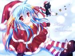  animal_ears bad_id bad_pixiv_id bell bell_collar blue_hair cat child christmas collar gloves hair_bell hair_ornament hat jingle_bell mikan_(5555) nursery_rhyme red_eyes santa_costume shikishima_krile snow solo striped striped_legwear tail thighhighs 