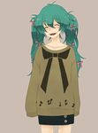  alternate_hairstyle blush closed_eyes hair_ribbon happy hatsune_miku long_hair mirai_(kiichigo3) oversized_clothes ribbon skirt solo sweater twintails vocaloid 