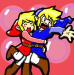  blonde_hair blue_eyes blue_tunic boots boots_coffe hug link lowres red_tunic the_legend_of_zelda tunic tunic_blue tunic_red 