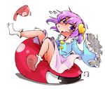  flying_sweatdrops hairband heart komeiji_satori long_sleeves open_mouth pink_skirt purple_eyes purple_hair shinapuu shirt shoes simple_background single_shoe sitting skirt slippers solo third_eye touhou wavy_mouth white_background wide_sleeves 