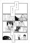  2girls black_hair comic greyscale hair_ornament hairclip highres hood hoodie kagerou_project kano_shuuya kido_tsubomi long_hair mochimochi_(papaiya777) monochrome multiple_boys multiple_girls scarf seto_kousuke smile stuffed_animal stuffed_bunny stuffed_toy tateyama_ayano translated 