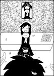  1girl black_hair closed_eyes coffin comic funeral greyscale hair_ornament hairclip iei kagerou_project kino_kagura kisaragi_shintarou long_hair monochrome petals photo_(object) scarf school_uniform serafuku short_hair silent_comic smile tateyama_ayano 