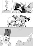  cosplay greyscale hair_ribbon hakurei_reimu hakurei_reimu_(cosplay) hat horns ibuki_suika monochrome multiple_girls ribbon rumia shameimaru_aya shirane_koitsu smoke tokin_hat touhou 