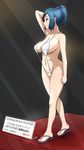  absurdres arm_up bare_shoulders blue_eyes blue_hair breasts cleavage commentary_request figure groin gundam gundam_build_fighters highres iori_rinko large_breasts lipstick makeup mature navel ponytail sandals scrunchie short_hair slingshot_swimsuit solo swimsuit tonotyama white_swimsuit 
