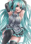  armpits arms_up asanagi breasts duplicate hatsune_miku large_breasts long_hair looking_at_viewer lying open_mouth skirt solo source_request thighhighs tie_clip twintails vocaloid zettai_ryouiki 