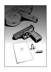  bullet_hole comic drum_magazine extended_magazine glock greyscale gun handgun monochrome no_humans original specterz weapon 