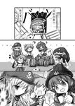  &gt;_&lt; 5girls :d akatsuki_(kantai_collection) blindfold chibi closed_eyes comic folded_ponytail food fruit greyscale hat hibiki_(kantai_collection) highres ikazuchi_(kantai_collection) inazuma_(kantai_collection) kantai_collection kouba lead_pipe long_hair monochrome multiple_girls open_mouth school_uniform serafuku shinkaisei-kan short_hair skirt smile solid_circle_eyes suikawari tears translation_request watermelon wo-class_aircraft_carrier xd 