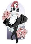  alternate_costume apron black_legwear blush curtsey enmaided flower jpeg_artifacts looking_at_viewer love_live! love_live!_school_idol_project maid nishikino_maki nobita pantyhose purple_eyes red_hair rose short_hair smile solo 