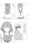  1girl admiral_(kantai_collection) greyscale hair_ornament hairclip ikazuchi_(kantai_collection) kantai_collection looking_at_viewer looking_back masato_(mirai_koubou) monochrome multiple_girls school_uniform serafuku translated 