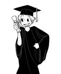  artist_self-insert atokniiro bow clenched_hand commentary diploma dress english_commentary gown greyscale hand_on_hip hat looking_at_another male_focus math monochrome mortarboard open_mouth original ribbon simple_background smile solo tassel white_background 