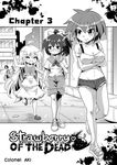  ahoge backpack bag bow breasts closed_eyes colonel_aki comic fang glasses greyscale koyano_ichigo large_breasts long_hair midriff monochrome multiple_girls nakamiya_mayu ookami_riku open_mouth original outdoors short_hair short_shorts shorts zombie 