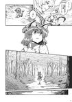  animal_ears bush cat_ears cat_tail chen comic doujinshi earrings floating forest frills gap greyscale hat highres jewelry long_hair miyamoto_ryuuichi mob_cap monochrome multiple_girls nature ribbon scan shoes tail touhou translation_request tree yakumo_ran yakumo_yukari 