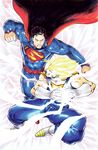 battle black_hair blonde_hair cape clenched_hands crossover dc_comics dragon_ball dragon_ball_z duel earrings gloves highres jeffrey_cruz jewelry male_focus multiple_boys muscle short_hair smile spiked_hair super_saiyan superman superman_(series) vegetto watermark 