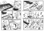  baton_(instrument) beamed_eighth_notes bow_(instrument) closed_eyes comic eighth_note greyscale instrument keyboard_(instrument) layla_prismriver long_hair monochrome music_stand musical_note one_eye_closed setz smile solo speech_bubble spoken_musical_note staff_(music) touhou trumpet violin 