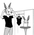  animal_ears artist_self-insert atokniiro book bunny_ears bunnysuit closet clothes_hanger commentary english_commentary fake_animal_ears greyscale looking_at_another male_focus math monochrome open_mouth original smile solo standing 