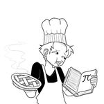  apron artist_self-insert atokniiro book chef_hat commentary food greyscale hat lowres male_focus math monochrome object_namesake original parted_lips pi_(math) pie pun simple_background solo steam white_background 