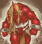  blonde_hair cuffs fangs glowing glowing_eyes highres horn hoshiguma_yuugi loincloth long_hair muscle nameo_(judgemasterkou) oni red_eyes red_oni red_skin shackles shirt_lift solo touhou 