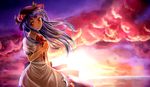  bad_id bad_pixiv_id blue_hair bow cloud dress food fruit hand_up hat head_tilt hinanawi_tenshi horizon layered_dress leaf long_hair looking_at_viewer outdoors peach puffy_short_sleeves puffy_sleeves red_eyes shironeko_yuuki short_sleeves sky smile solo star_(sky) starry_sky sunset touhou wind 
