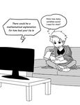  afterimage artist_self-insert atokniiro blanket book commentary couch crossed_legs english english_commentary greyscale male_focus math monochrome notepad original pencil simple_background sitting solo table television white_background writing 