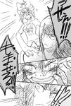  2girls :d angry bad_id bad_pixiv_id bare_shoulders blush close-up collarbone comic emphasis_lines greyscale kill_la_kill kiryuuin_satsuki looking_at_viewer looking_back matoi_ryuuko monochrome multiple_girls naked_towel open_mouth shaded_face shouting smile speech_bubble teeth tinu_futami towel translated v-shaped_eyebrows 