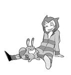  ^_^ arm_support artist_self-insert atokniiro book closed_eyes commentary cosplay english_commentary furret gen_2_pokemon greyscale kigurumi male_focus math monochrome open_mouth original pokemon pokemon_(creature) sentret simple_background sitting smile solo white_background 