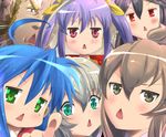  5girls :&lt; ahoge aqua_eyes black_hair blue_hair blush brown_eyes brown_hair chestnut_mouth crossover emphasis_lines gon_freecss green_eyes gundam gundam_age haiyore!_nyaruko-san hunter_x_hunter iwark_briar izumi_konata long_hair looking_at_viewer lucky_star meme minami-ke minami_chiaki miyauchi_renge mizuhara_ichika mole mole_under_eye multiple_boys multiple_crossover multiple_girls mushi_gyouza non_non_biyori nyarlathotep_(nyaruko-san) onee-chan_ga_kita purple_hair red_eyes ribbon silver_hair trait_connection triangle_mouth we're_forced! 