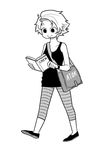  artist_name artist_self-insert atokniiro bag bare_shoulders between_breasts book breasts capri_pants chemistry commentary english_commentary flats genderswap genderswap_(mtf) greyscale messenger_bag monochrome original pants shoulder_bag simple_background smile solo striped striped_legwear walking white_background 