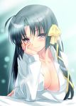  black_hair blush breast_lift breasts chin_rest cleavage collarbone dress_shirt hair_ribbon hand_on_own_cheek hand_on_own_face jpeg_artifacts kurugaya_yuiko large_breasts little_busters! long_hair long_sleeves looking_at_viewer open_clothes open_shirt purple_eyes ribbon school_uniform shirt smile solo tsurime zen 