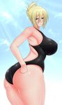  adjusting_clothes adjusting_swimsuit armpits ass back bad_id bad_pixiv_id bangs black_swimsuit blonde_hair blush breasts cloud covered_nipples cowboy_shot curvy day folded_ponytail from_side hair_between_eyes hikuushi_series huge_ass large_breasts light_rays looking_at_viewer looking_back one-piece_swimsuit outdoors purple_eyes saogokushi short_hair skin_tight skindentation sky solo sonia_pares standing sunbeam sunlight swimsuit taut_clothes taut_swimsuit thick_thighs thighs to_aru_hikuushi_e_no_koiuta 