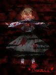  absurdres blonde_hair blood blood_on_face blood_splatter blood_stain bloody_clothes blouse character_name darkness fang full_body hair_ribbon highres looking_at_viewer namino. open_mouth outstretched_arms red_eyes ribbon rumia short_hair skirt smile solo spread_arms touhou vest 