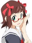  amami_haruka blush brown_hair glasses green_eyes hair_ribbon idolmaster idolmaster_(classic) looking_at_viewer ribbon school_uniform semi-rimless_eyewear serafuku short_hair simple_background solo umanosuke under-rim_eyewear upper_body white_background 