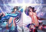  armor black_hair blue_eyes breasts cleavage cleavage_cutout cloud honnouji_gakuen junketsu katana kill_la_kill kiryuuin_satsuki large_breasts long_hair matoi_ryuuko multicolored_hair multiple_girls raijuu_(bakanara) red_hair revealing_clothes scissor_blade senketsu short_hair sky sparkle suspenders sword thighhighs two-tone_hair underboob weapon 