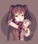  alternate_costume bow breath brown_hair checkered checkered_scarf coat colorized hair_bow hair_ornament himekaidou_hatate junwool long_sleeves looking_at_viewer no_hat no_headwear open_mouth red_eyes scarf simple_background sketch smile solo touhou twintails upper_body 