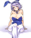  animal_ears arm_support bakuya bare_shoulders breasts bunny_ears bunnysuit bursting_breasts highres huge_breasts letty_whiterock pantyhose purple_hair short_hair sitting smile solo touhou 
