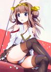  ahoge bad_id bad_pixiv_id boots brown_hair crossed_legs detached_sleeves hairband headgear henet_hene japanese_clothes kantai_collection kongou_(kantai_collection) long_hair panties purple_eyes sitting solo thigh_boots thighhighs underwear white_panties 