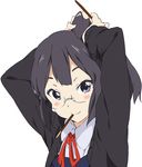  adjusting_hair arms_up asagiri_shiori blush blush_stickers cardigan glasses hair_ornament hair_stick long_hair looking_at_viewer mouth_hold open_cardigan open_clothes school_uniform simple_background smile solo tamako_market tying_hair umanosuke upper_body white_background 