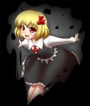  black_background blonde_hair blush darkness hair_ribbon long_sleeves mazume open_mouth outstretched_arms red_eyes ribbon rumia short_hair skirt smile solo touhou 